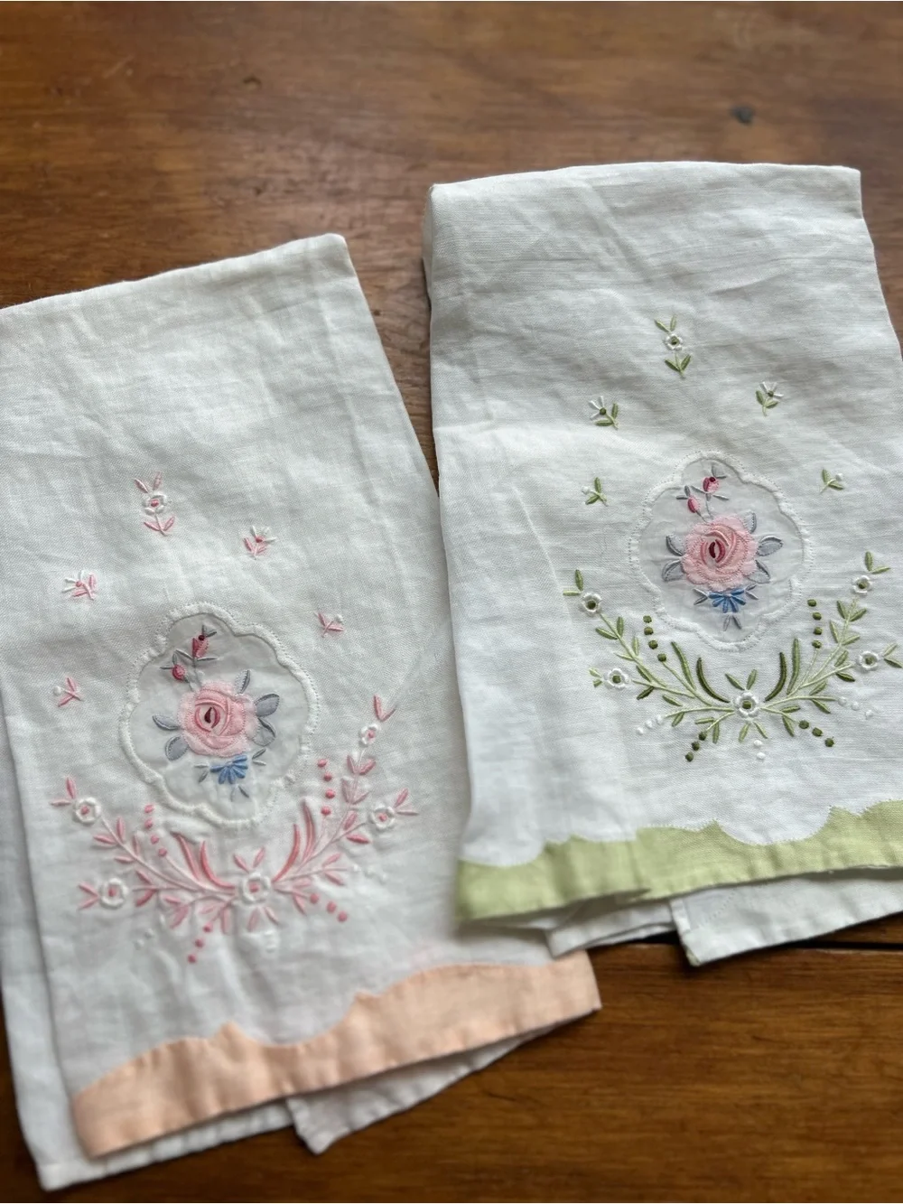 Embroidered Floral Linen Tea Towels - Pink & Green Accents